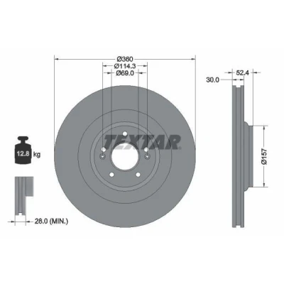 Abbildung von TEXTAR Bremsscheibe HYUNDAI: i30 III Hatchback, Kona SUV, Fastback 360mm 30mm 05/07 114,3mm innenbelüftet beschichtet hochgekohlt 92346905