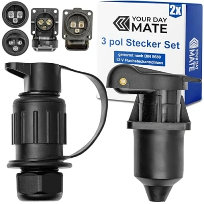 Abbildung von 3 pol Stecker und Steckdose Set, Hartplastik Gehäuse, Stecksystem nach DIN 9680 genormt, 4 Loch Montageplatte, Steckanschluss für 12 V Systeme, pin Plug Socket Landmaschine, Baumaschine