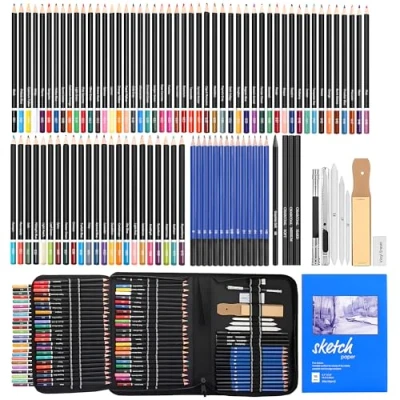 Abbildung von MEIJMJIA YMTECH Zeichenset, 96 Stücke Malset, Künstler Set, mit Buntstifte Zeichenstifte Graphitstift Kohlestifte Papierstifte Spitzer Radier im Mäppchen Beutel für Kinder Erwachsene