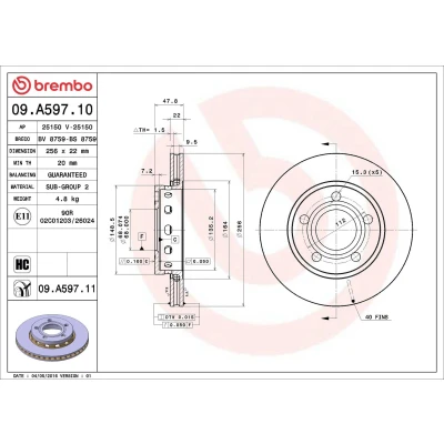 Abbildung von BREMBO COATED DISC LINE 09.A597.11 Bremsscheibe 256 22 5 innenbelüftet beschichtet hochgekohlt AUDI: A4 B5 Saloon, Avant