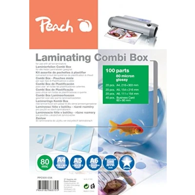 Abbildung von Peach Laminierfolien A4, A5, A6 Sparset 80 mic 100 pouches glänzend kompatibel mit Laminiergeräten aller Markenhersteller PPC500 03A
