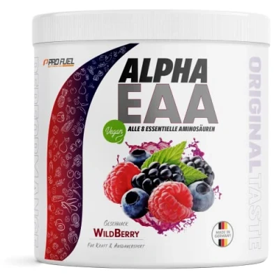 Abbildung von Alpha EAA Pulver 462g WILD BERRY unglaublich leckeres Drink Pulver, alle 8 essentiellen Aminosäuren, vegan EAAs Aminosäuren/Amino Workout Drink, optimale Wertigkeit, Made in Germany