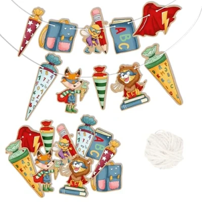 Abbildung von Papierdrachen Wandgirlande zur Einschulung Deko zum Schulanfang für Jungen &amp; Mädchen Schule Superhelden Tiere Set 03