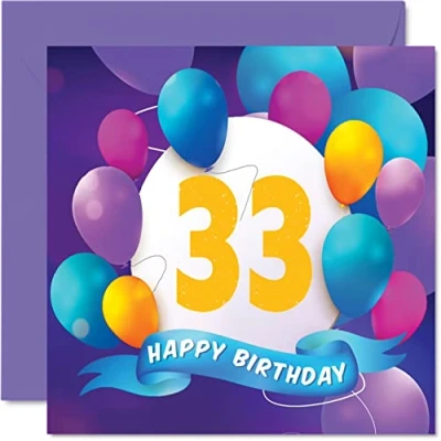 Abbildung von Geburtstagskarte zum 33. Geburtstag Männer und Frauen Ballon Party Happy Birthday Karten 33 Jahre alte Frau Bruder Schwester Mutter Vater Tante Onkel bester Freund Cousin 145 mm x