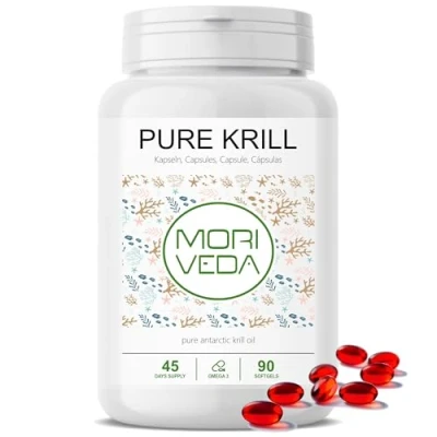 Abbildung von Krillöl Kapseln 1000mg PURE Krill Öl für 45 Tage mit Astaxanthin Omega 3 6 EPA DHA Cholin Phospholipide Moriveda 1x 90