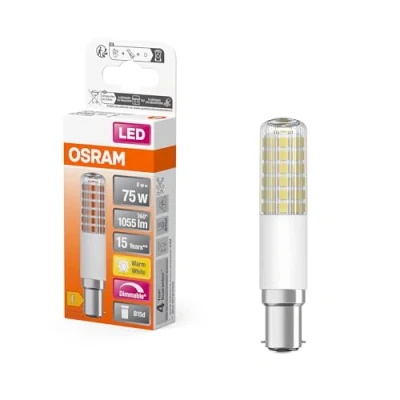 Abbildung von OSRAM LED T Slim schlanke multicolor Lampe aus Kunststoff mit B15d Sockel, Form, 8 W / 1055 lm, klar, warmweißes Licht 2700 K, dimmbar, 18 mm Durchmesser, CRI 80.