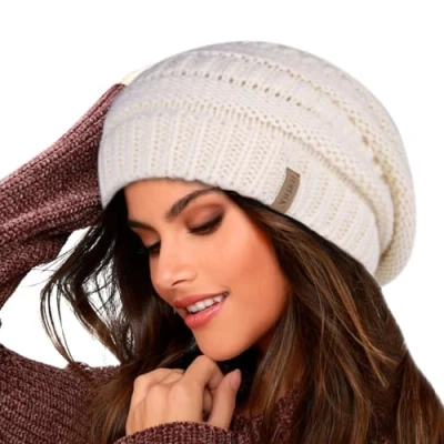 Abbildung von FURTALK Damen Beanie Mütze Warme Wintermütze mit Weichem Innenfutter Gefütterte Strickmütze,Beige,Einheitsgröße