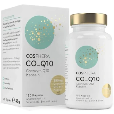 Abbildung von Coenzym Q10 Hochdosiert mit 250 mg pro Kapsel. 120 vegane Kapseln im 4 Monatsvorrat Angereichert Biotin &amp; Niacin als Beitrag zum Erhalt normaler Haut für einen normalen Energiestoffwechsel.