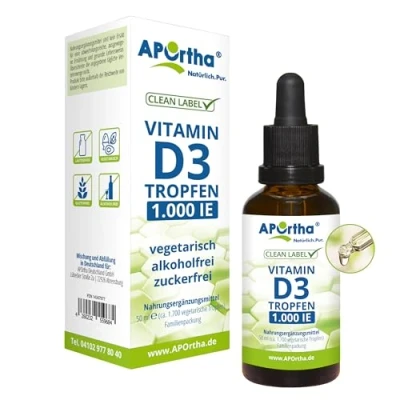 Abbildung von APOrtha® Vitamin D3 Tropfen, 1000 I.E. 25 µg pro ca 1.700 vegetarische 50 ml, hochdosiert, allergenfrei, alkoholfrei, zuckerfrei, glutenfrei, Alternative zu Kapseln und Tabletten