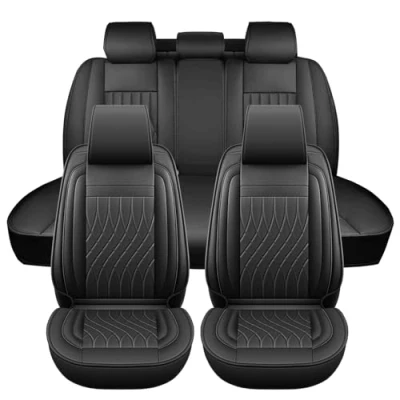 Abbildung von Chifeng Leder Auto sitzbezüge Komplettes Set, Universal Wasserdicht Autositzschoner vorne für 5 Sitz Den Meisten Limousinen SUV Pick up Truck (schwarz)
