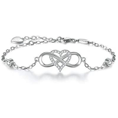 Abbildung von BlingGem Damen Armband Infinity aus Weißgold vergoldet 925 Sterling Silber mit Rundschliff Zirkonia Unendlichkeit Herz Bettelarmband Frauen Für Immer Zusammen Geschenk