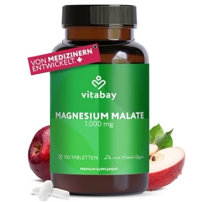 Abbildung von Vitabay Magnesium Malat 180 Tabletten Hochdosiert 1000mg VEGAN &amp; Laborgeprüft Malate Hochdosiertes Magnesiummalat Magnesiummalate