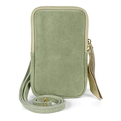 Abbildung von styleBREAKER Damen Leder Handy Umhängetasche aus weichem Veloursleder, Reißverschluss, Echtleder Mini Bag 02012373, Farbe:Lindgrün
