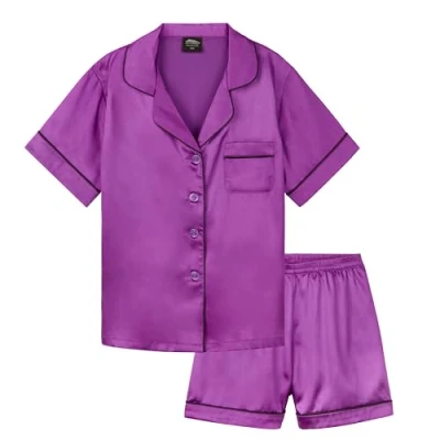 Abbildung von CityComfort Silk Pyjama Set für Mädchen, Kurze Schlafanzughose &amp; Kurzärmliges Oberteil mit Kragen Knopfleiste Geschenke Mädchen (Violett, 11 12 Jahre)