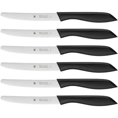 Abbildung von WMF Classic Line Frühstücksmesser Set 6 teilig, 23 cm, Brötchenmesser Wellenschliff, Brotzeitmesser, Spezialklingenstahl, Kunststoffgriff, schwarz