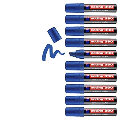Abbildung von edding 390 Permanentmarker blau 10 Stifte dicke Keilspitze 4 12 mm wasserfest, schnell trocknend Multimarker, Universalstift für Karton, Kunststoff, Holz, Metall, Glas, Stein, Leinwand