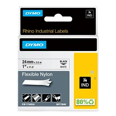 Abbildung von DYMO Rhino Industrie Nylonetiketten, flexibel, 24 mm x 3,5 m, schwarze Schrift auf weißem Untergrund, selbstklebendes Schriftband