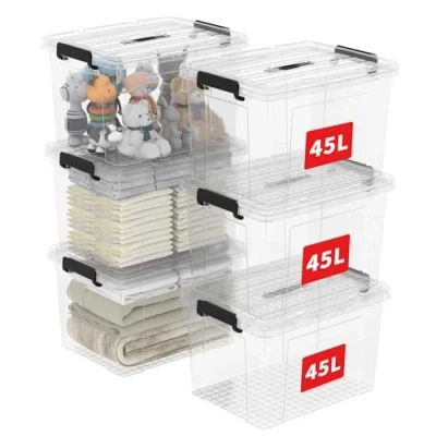 Abbildung von Cetomo 45L*6 Aufbewahrungsboxen, Tragbare Plastikboxen mit Deckeln, Organizer Behälter Griff und Clips, Stapelbar, Ineinander Nestbar, für Zuhause Büro, Transparent, 45L 6er Pack