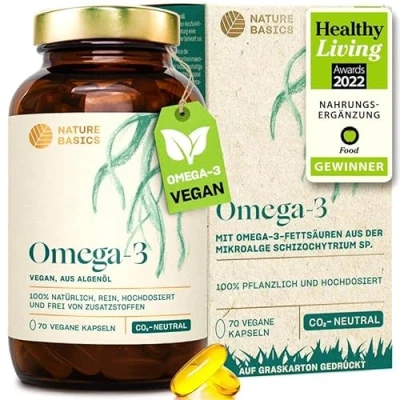 Abbildung von Nature Basics® Veganes Omega 3 aus Algenöl 70 hochdosierte Kapseln für 2 Monate Eine Kapsel täglich zur Unterstützung der normalen Hirn, Augen &amp; Herzfunktion laborgeprüft auf Reinheit