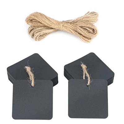 Abbildung von jijAcraft Kraftpapier Anhänger Geschenkanhänger Quadrat Etiketten 5,5CM, 100stk mit Juteschnur, für Basteln Selbstgemachte Geschenke (Schwarz)