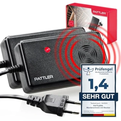 Abbildung von PATTLER ® Marderschreck mit Stecker für 60m² Dachboden, Haus, Garten, Garage Anschluss an Steckdose Marderabwehr Dachboden Ultraschall 2 Stück