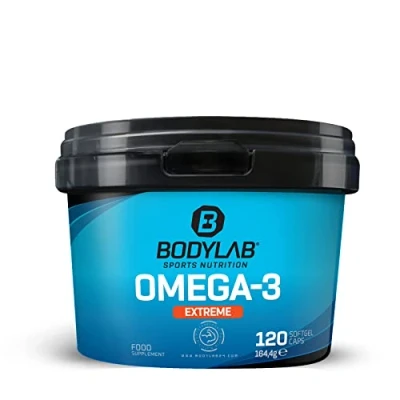Abbildung von Bodylab24 Omega 3 Extreme Kapseln, liefert 1000mg Eicosapentaensäure (EPA) und 500mg Docosahexaensäure (DHA), mit wertvollen Fettsäuren als Triglyceride zur Anreicherung der täglichen Ernährung
