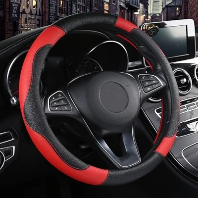 Abbildung von Istn Unisex Sport Stil Kontrast Farbe rutschfeste Schweiß gute atmungsaktive PU Kunstleder 38 cm Auto Lenkrad Abdeckung Rot
