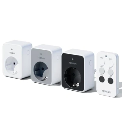 Abbildung von TESSAN Funksteckdosen mit Fernbedienung, 3 Set Steckdose 3600W 30,5M Fernbedienung Steckdose, Batterien Stecker Weiß Grau Schwarz