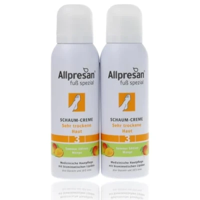 Abbildung von Allpresan Fuß Spezial Nr. 3 Schaum Creme mit Mango Duft Fußcreme für sehr trockene Haut Zur täglichen Fußpflege trockener Füße 2x125 ml