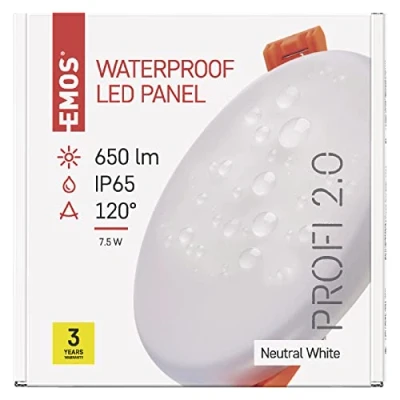 Abbildung von EMOS LED Panel Einbauleuchte 7,5W, extra flacher 650 lm runder Einbaustrahler, Neutralweiß 4000K, IP65 wasserdicht für Feuchträume oder Außen, Farbe weiß, Durchmesser 10 cm, rahmenlos