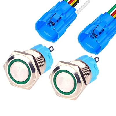 Abbildung von Gebildet 2Stücke 16mm Edelstahl Kurzzeitiger Drucktasten 12V 24V 5A LED 1NO1NC SPDT ON Off Wasserdichter mit Steckdose Stecker (Grün LED)