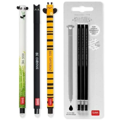 Abbildung von LEGAMI Set mit 3 radierbaren Gelstiften + schwarzen Nachfüllminen, thermoempfindlicher Löschtinte, verschiedene Tintenfarben und Stift designs, 0,7 mm Spitze, Panda , Katzen Bienen Design