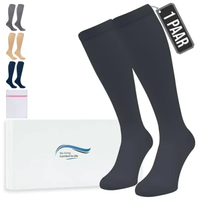 Abbildung von 360 Relief Kompressionsstrümpfe Damen und Herren 1 Paar Kompressionssocken Einfarbig für Sport, Laufen, Flug, Reise, Joggen, Radsport, Kniestrümpfe, XXL Schwarz mit Wäschenetz