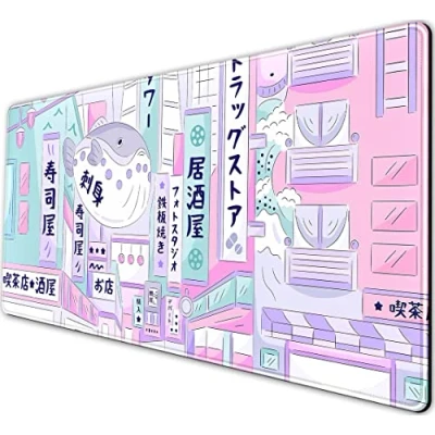 Abbildung von Pastel Tokyo Street Niedliche Schreibtischmatte Kawaii Anime Japanisches Mauspad Großes Gaming Beige Desktop Matte Laptop Tastatur Schreibtischunterlage Stadt Ästhetik
