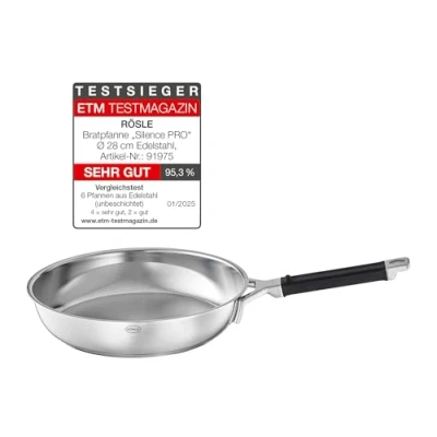 Abbildung von RÖSLE SILENCE PRO Bratpfanne, Hochwertige Pfanne aus Edelstahl mit Silikongriff, 28 cm, 18/10, induktionsgeeignet, spülmaschinengeeignet,Silberfarben/Schwarz