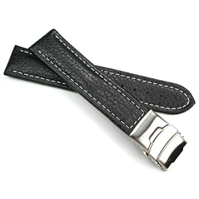 Abbildung von Sulla 22mm Genuine Leder Uhrenarmband mit Edelstahl Faltschließe schwarz weiße Naht