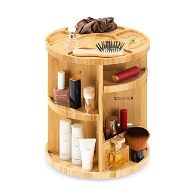 Abbildung von Navaris Make up Organizer 360 drehbar Aufbewahrung für Kosmetik Parfüm drehbarer Schminke Ständer aus Bambus 25x30,5cm Badezimmer Deko Regal hellbraun