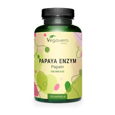 Abbildung von Papaya Enzym Vegavero® HOCHDOSIERT: 2.100 mg reines Papain pro Tagesdosis Hohe Enzymaktivität: 100.000 units/g Natürlich aus 120 Kapseln Vegan &amp; Ohne Zusätze