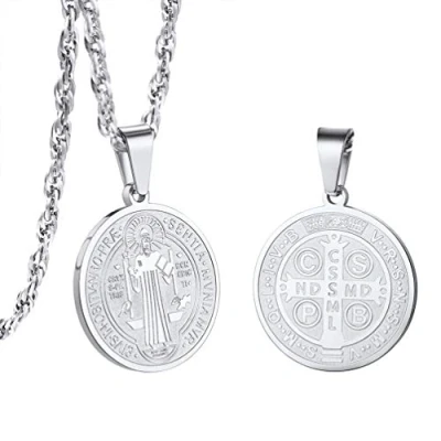 Abbildung von PROSTEEL Benediktuskreuz Kette für Damen Herren Edelstahl St. Benedikt Medaille Runde Anhänger Halskette 55+5cm Singapurkette religiöse Amulett Modeschmuck Accessoire