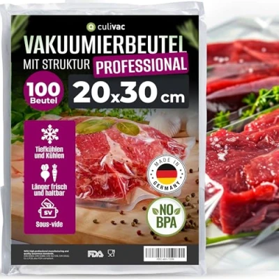 Abbildung von culivac Vakuumierbeutel 100 Vakuumbeutel 20x30cm Premium, Folienbeutel für jedes Folienschweißgerät Vakuumiergerät Vakuumierer, Vakuumierfolie Professional Sous Vide, Made in Germany, BPA frei