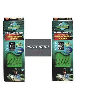 Abbildung von Set: 2 6 Packungen gebundene Forellenhaken (10 30 Stück) an Fluoro Carbon Schnur Vorfach, Hakengröße 4, &amp; 8 von Behr + gratis Petri Heill! Aufkleber (2 8)