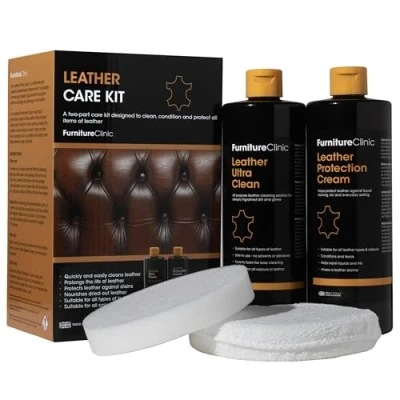 Abbildung von Furniture Clinic Komplettes Lederpflege Set Lederreiniger &amp; Schutzcreme für Sofas, Autos, Möbel Das Premium ist mit einem Lederduft angereichert und enthält je 500ml Reiniger Conditioner