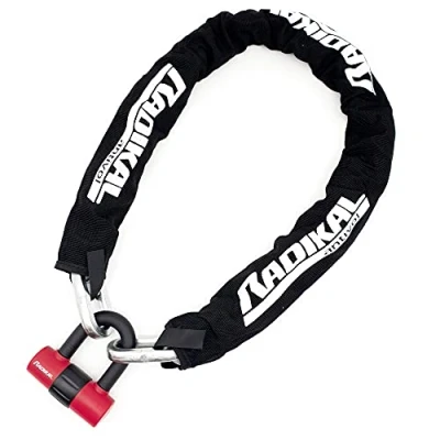 Abbildung von RADIKAL RK7214 Vierkantkette, Kettenschloss, Motorradschloss Kette, Doppelfunktion 120cm und Mini U 14mm + Erinnerungskabel