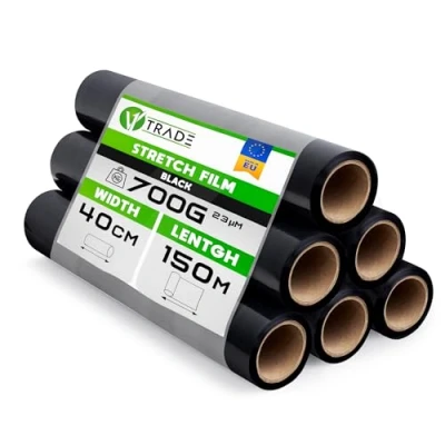 Abbildung von V1 Trade 6x Stretchfolie Schwarz Folie für Möbel Hand Umzugfolie 150m x 40 cm Stretchfolienrolle Schwarzfolie 23my Verpackungsfolie auf Rolle Wickelfolie Umzugsfolie Dehnung 250%