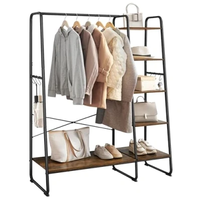 Abbildung von VASAGLE KleiderstÄnder, GarderobenstÄnder, 45 x 120 160 cm Garderobe mit Kleiderstange, Schuhablage, offener Kleiderschrank, 6 abnehmbare Haken, Schlafzimmer, Flur, vintagebraun schwarz RGR116B01