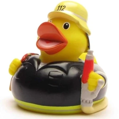Abbildung von Feuerwehr Badeente I Quietscheente Feuerwehrmann Ente 112 inkl. Badeenten Schlüsselanhänger im Set