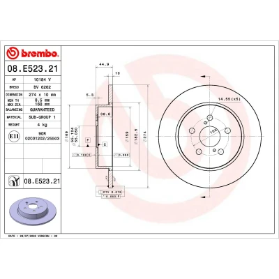 Abbildung von BREMBO 08.E523.21 Bremsscheibe 274 10 5 voll beschichtet