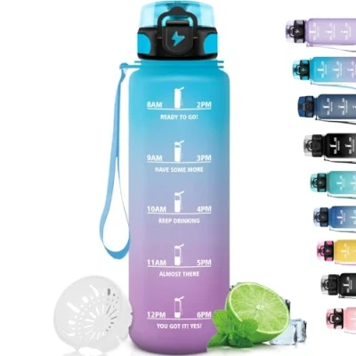 Abbildung von Grsta Trinkflasche 1L, Sport mit Filter, Auslaufsicher Motivierendem Slogan, Uhrzeit, Kann Dir Tragen, für Fahrrad, Gym, Camping, Outdoor, Blau Lila