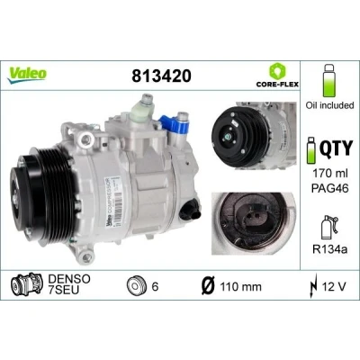 Abbildung von VALEO 813420 Kompressor 7SEU 12 PAG 46 R 134a mit Kompressoröl NEW ORIGINAL PART MERCEDES BENZ: C Class Saloon, Sprinter 3.5 T Van
