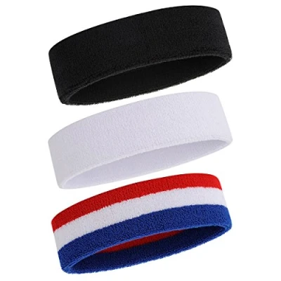 Abbildung von ONUPGO Schweißband Stirnband für Männer &amp; Frauen 3PCS Sports Stirnbänder Feuchtigkeitstransport Athletic Cotton Terry Cloth Schweißabsorbierende Kopfband (Black, White, Blue/White/Red)